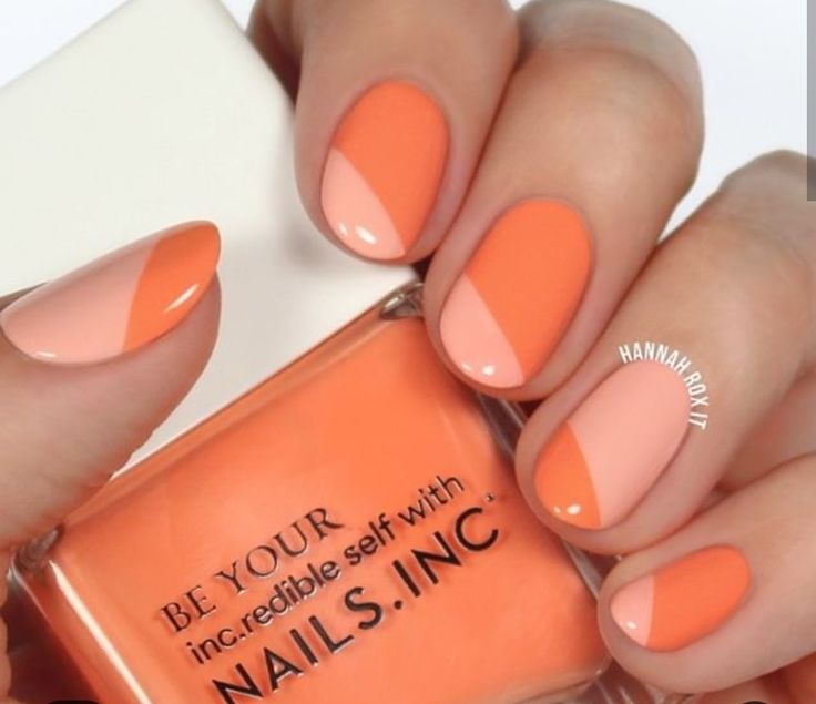 Easy Nail Art Two Colors, Color Block Manicure, Easy Nail Designs Spring, Easy Two Color Nail Designs, Two Tone Manicure, Peach Fuzz Nail Color, Two Tone Nail Ideas, Nails With Faces, May Gel Nails