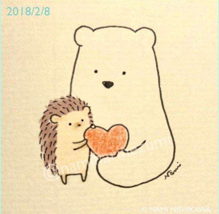 a drawing of a hedge hugging a bear with a heart in its paws on a beige background