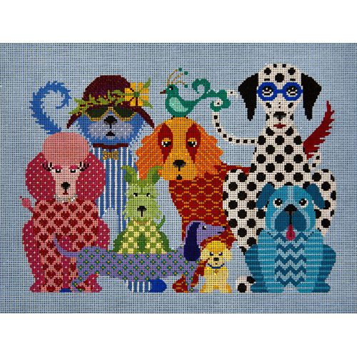 a cross stitch pattern with dogs in different colors and patterns on the front of a blue background