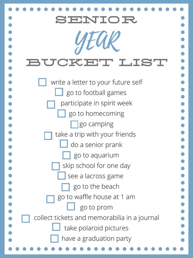 a blue and white checklist with the words senior year bucket list