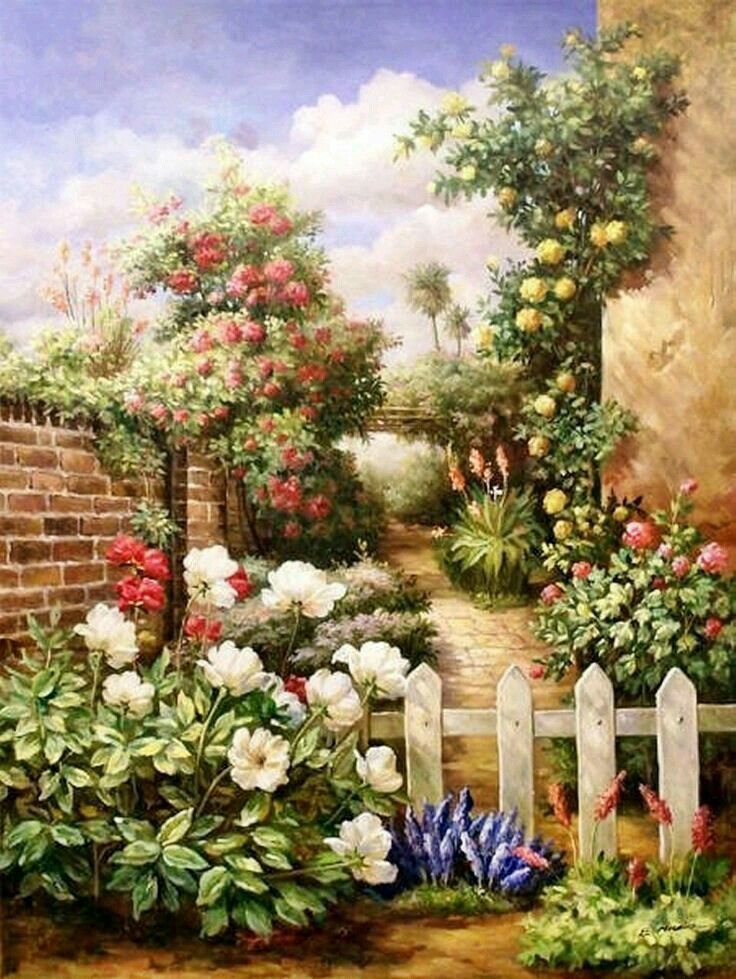 a painting of a garden with white picket fence and flowers on the side of it