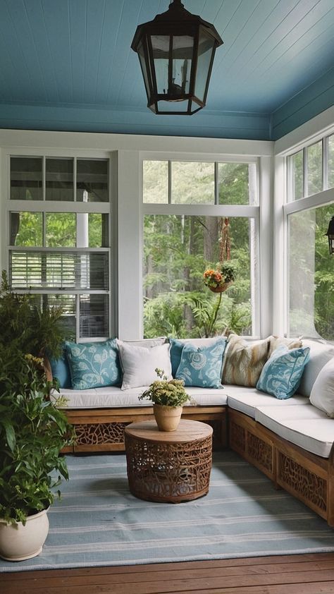 a sun room with lots of windows and pillows on the couch in front of it