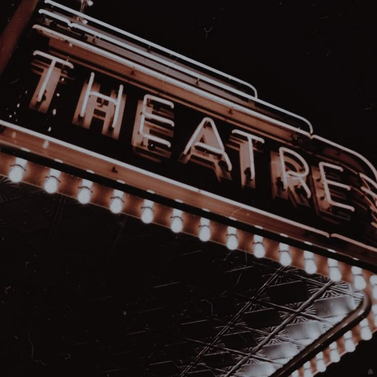 the theatre sign lit up at night with lights on it's sides and below