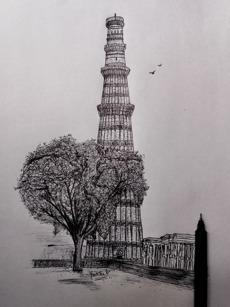 a drawing of a tower with trees in the foreground