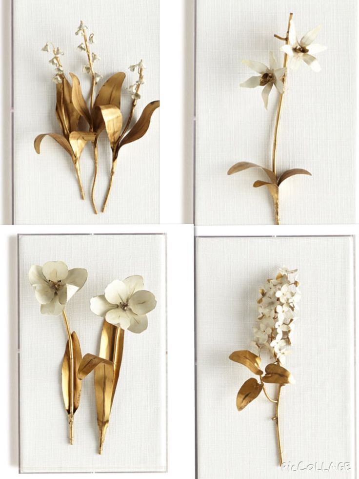 four different types of flowers are shown in gold and white