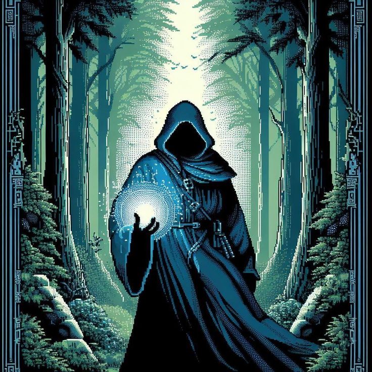 a wizard holding a crystal ball in the middle of a forest with trees on both sides