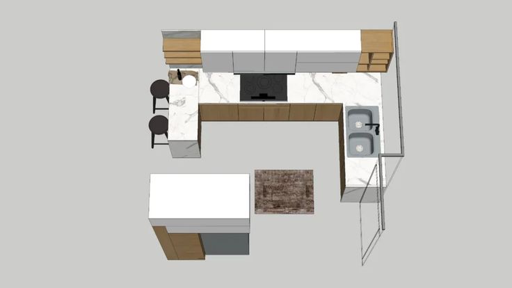 an overhead view of a kitchen and living room in one image, with the dining area separated from the rest of the space