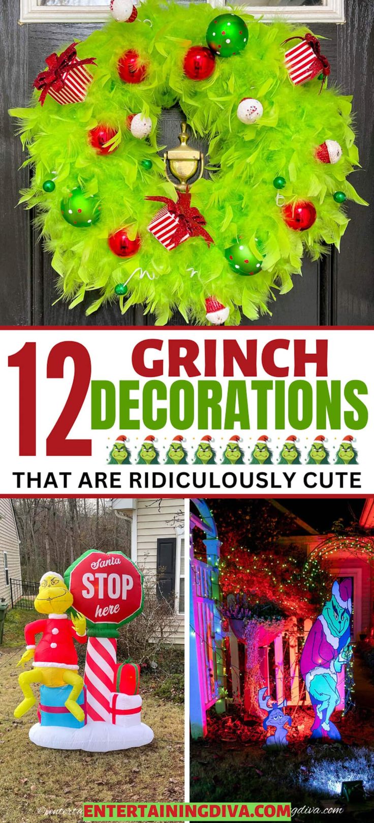 12 Awesome Grinch Outdoor Christmas Decor Ideas | Christmas Ideas Grinch House Decoration Outdoor, Diy Grinch Porch Decorations, Grinch Decorated House, Outdoor Whoville Decorations, Grinch Christmas Lights Outdoor House, Grinch Garage Door, Grinch Exterior Decor, Outdoor Christmas Lights Grinch, Grinch Pulling Lights Off House