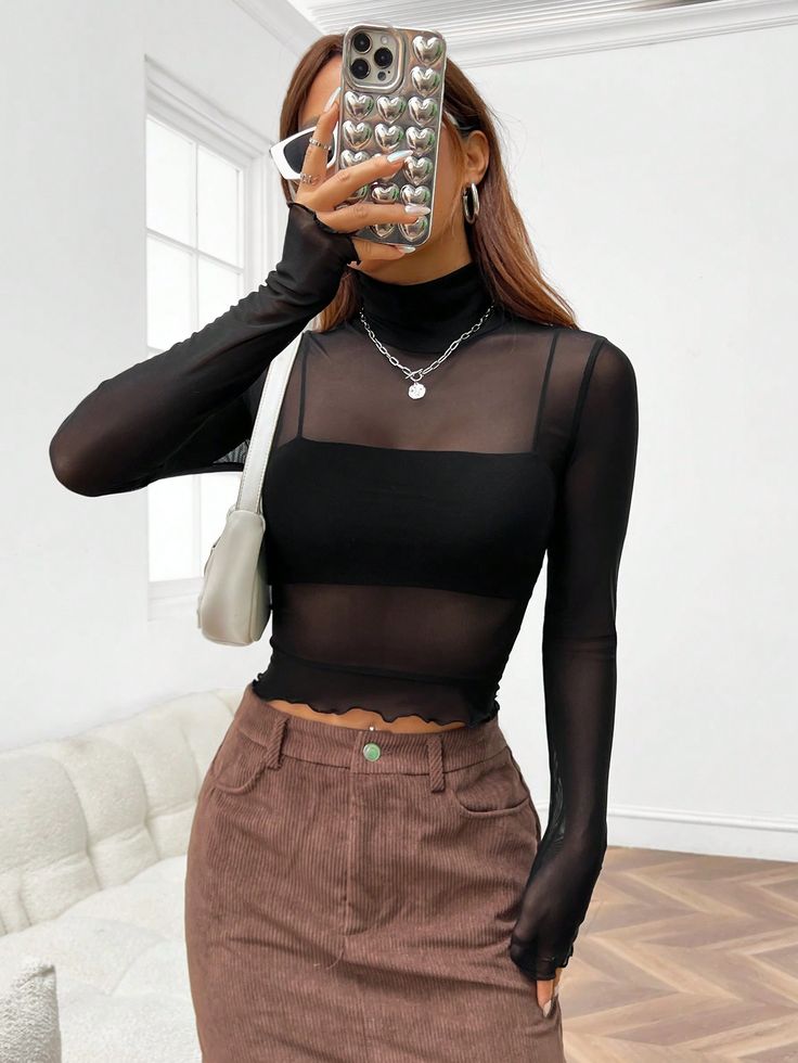 Negro Sexy Collar manga larga Tela tejida Liso  Embellished Elástico Alto Women Tops, Black Knit, Tights, Womens Tops, Collar, Knitting, Birthday, Free Shipping, Women's Top