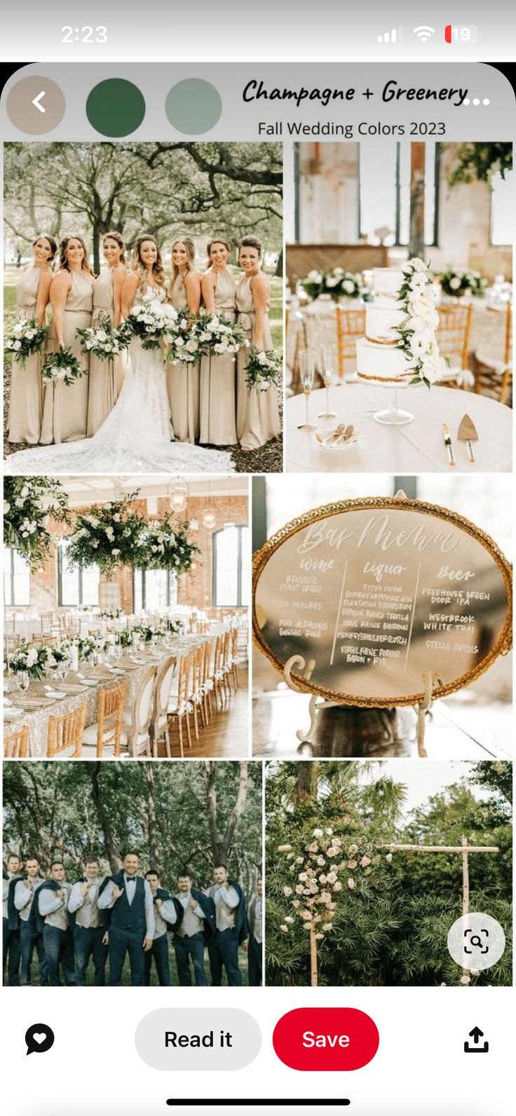 an iphone photo collage with wedding photos and the text, champagne & greenery fall wedding colors 2013