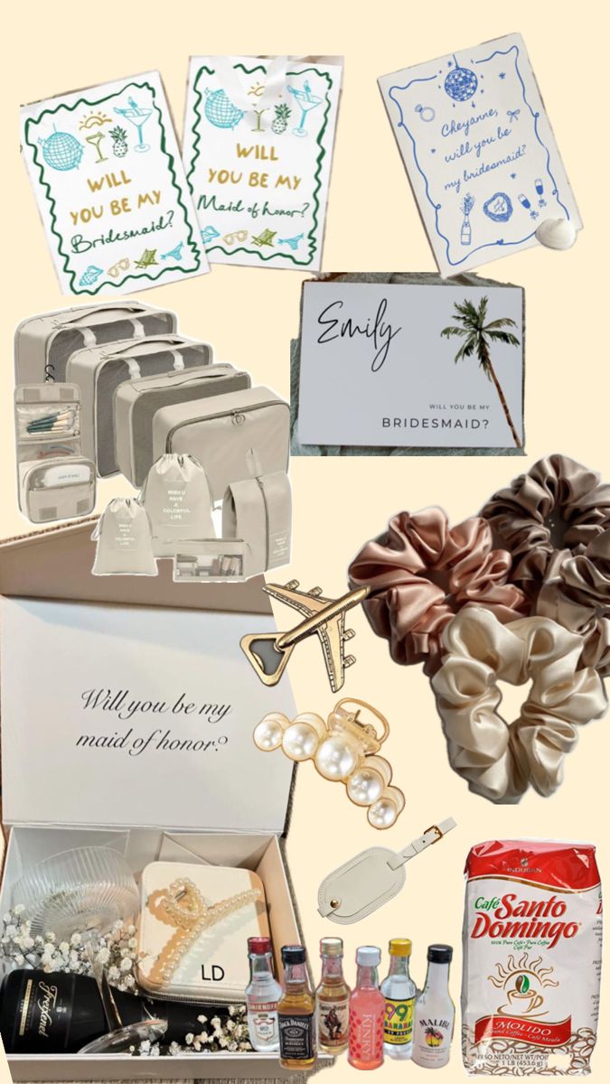 an assortment of items from the bride's gift box