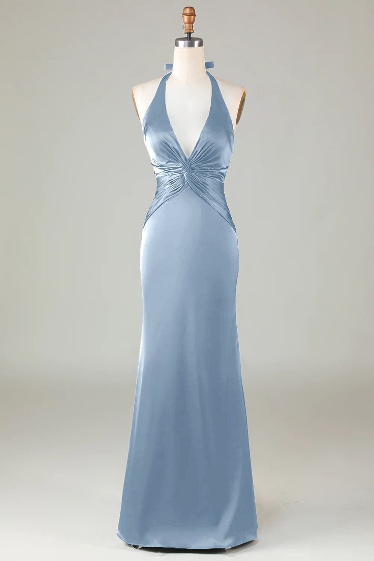 Details:   Indulge in luxury with our Mermaid Halter Dusty Blue Long Satin Bridesmaid Dress. This stunning halter maxi dress in a gorgeous dusty blue hue exudes elegance and sophistication. Perfect for any special occasion, this dress is sure to make a statement . Made with high-quality satin fabric, this dress is perfect for formal events and weddings. Its timeless design and luxurious material will make any bridesmaid feel elegant and sophisticated.   Features:    Silhouette: Sheath Style Satin Dress Prom, Satin Dress Formal, Light Blue Dress Black Women, Dress With The Back Out, Beautiful Long Dress, Unique Gown Design Beautiful, Oval Neckline Dress, Neck Halter Dress, Squared Neckline Dresses