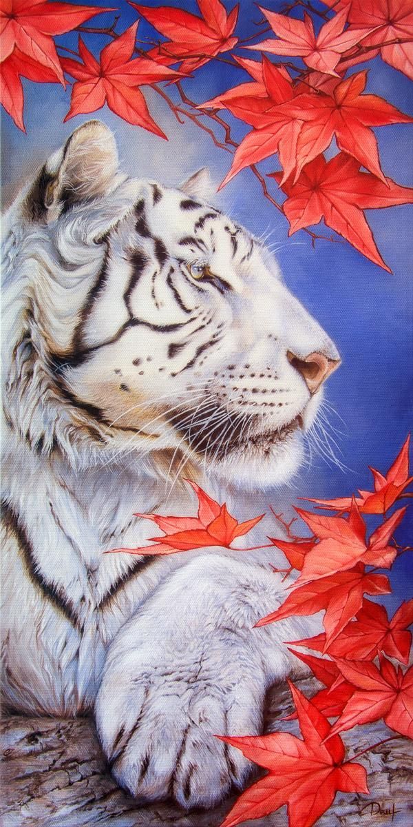 a painting of a white tiger surrounded by red leaves