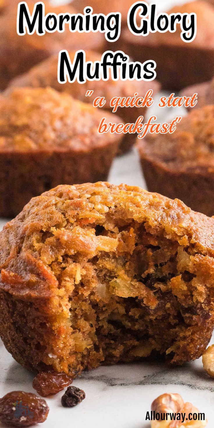 a muffin cut in half with the words morning glory muffins on top