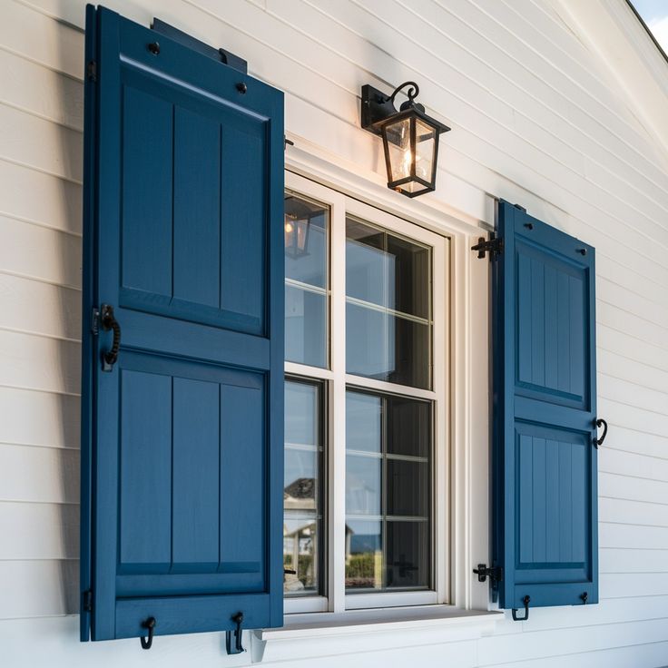 blue shutters on the side of a white house with a light hanging from it