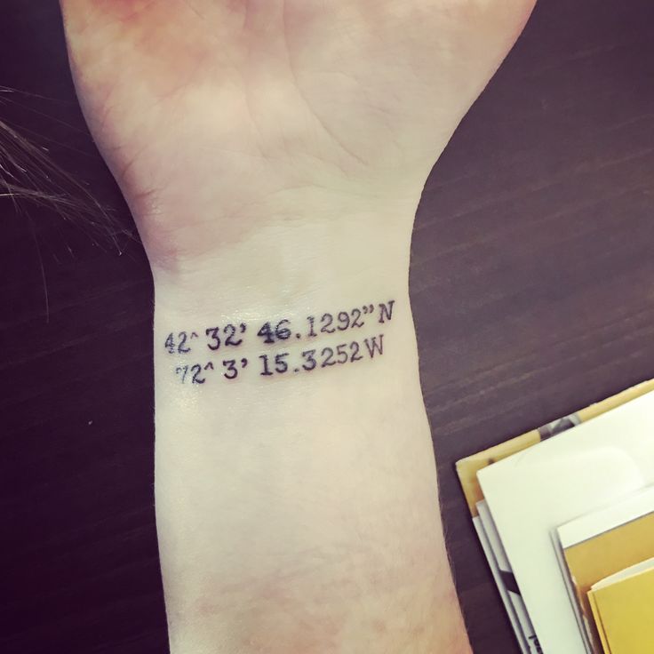 a person's wrist with a coordinates tattoo on it