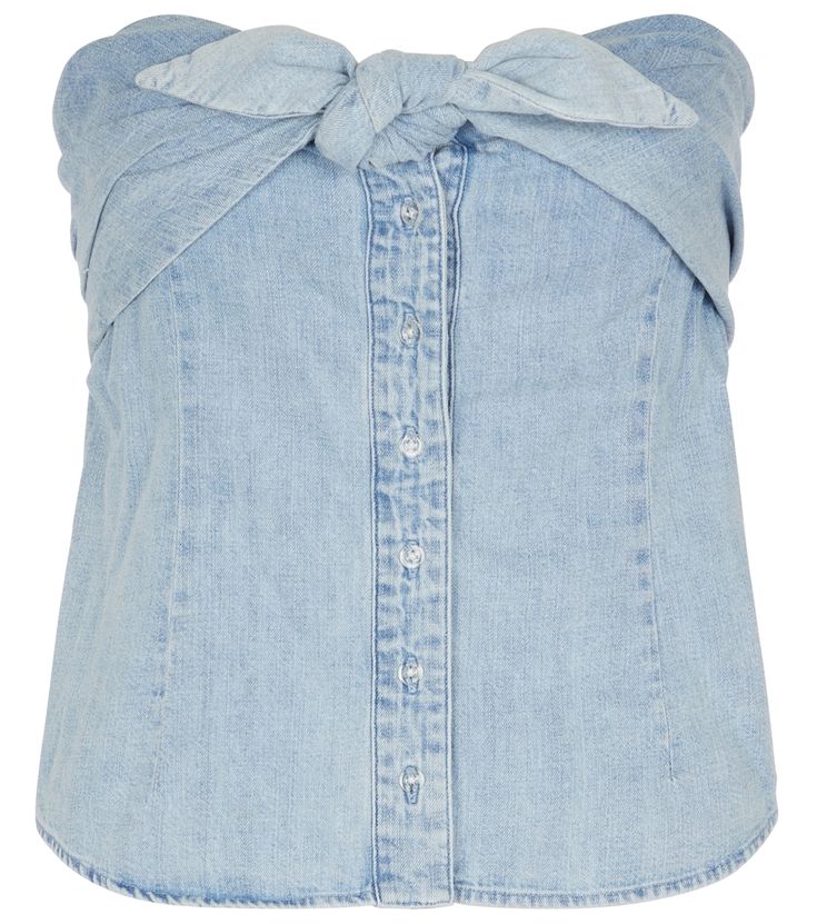 The Leia top from RtA takes the form of strapless denim shirt, but is cleverly fitted with a mesh bustier on the inside for support and comfort. It's made from cotton in a light blue wash that recalls vintage jeans styles from the '80s and '90s. Fitted Denim Bandeau Top, Stretch Medium Wash Denim Vest For Summer, Summer Stretch Denim Vest In Medium Wash, Light Wash Denim Top For Summer, Denim Blue Sleeveless Tube Top For Summer, Summer Strapless Denim Blue Vest, Summer Denim Stretch Tube Top, Summer Stretch Denim Tube Top, Stretch Denim Tube Top For Summer