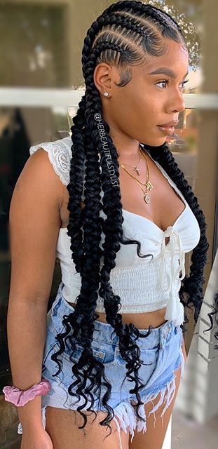 Faux Bun With Braiding Hair, Braids On Latinas Hairstyles, 4 Corn Row Braids, Summertime Braids For Black Women, Feed In Braids With Curls, Color Braided Hairstyles, Braided Bun For Black Women, Hairstyles For Black Women Color, Twist Braided Hairstyles