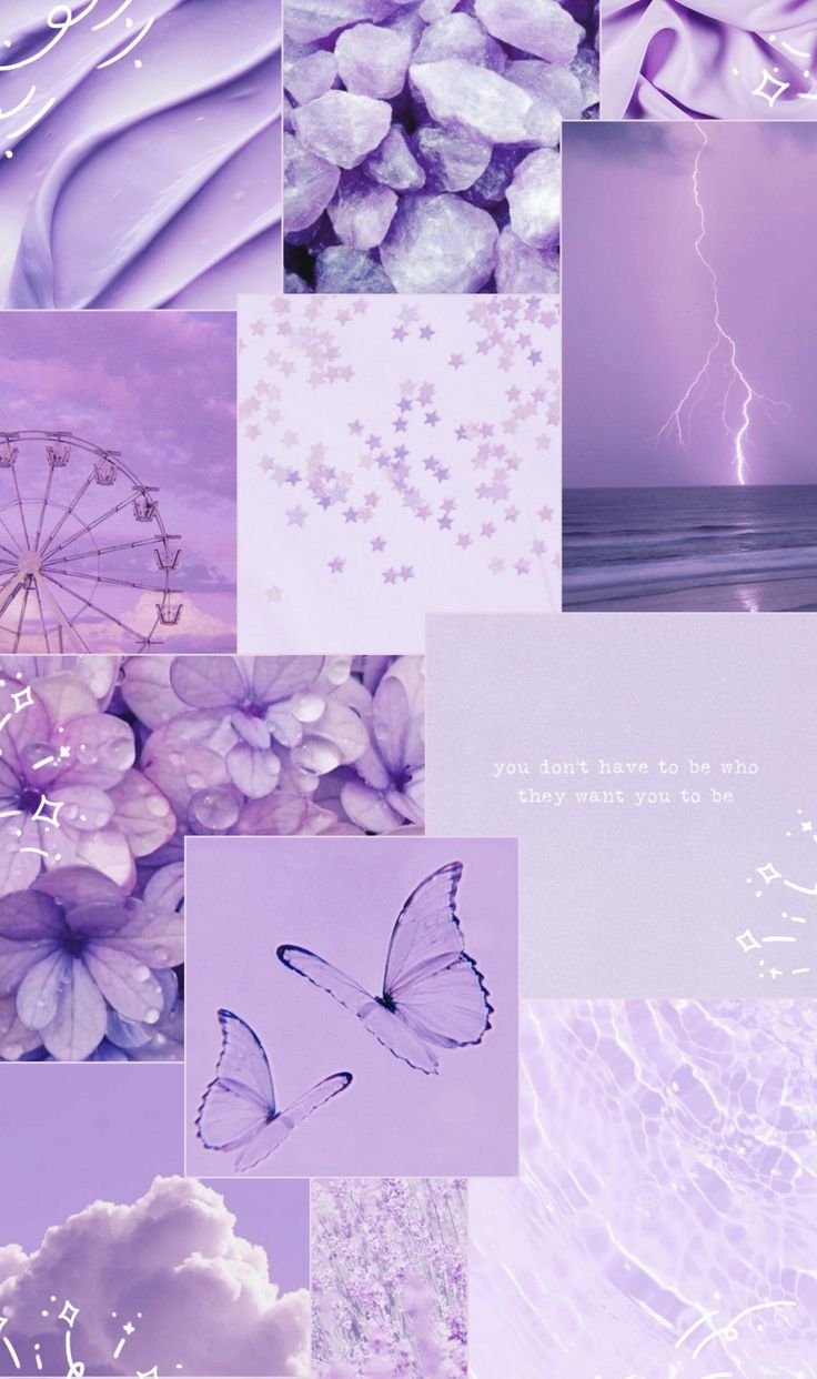 a collage of purple and white images with flowers, clouds, lightning, and stars