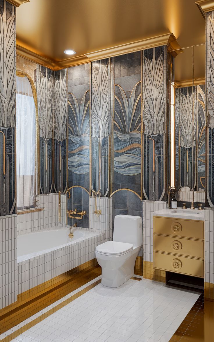 a bathroom with gold trim and art deco decor on the walls, along with a white toilet next to a bathtub