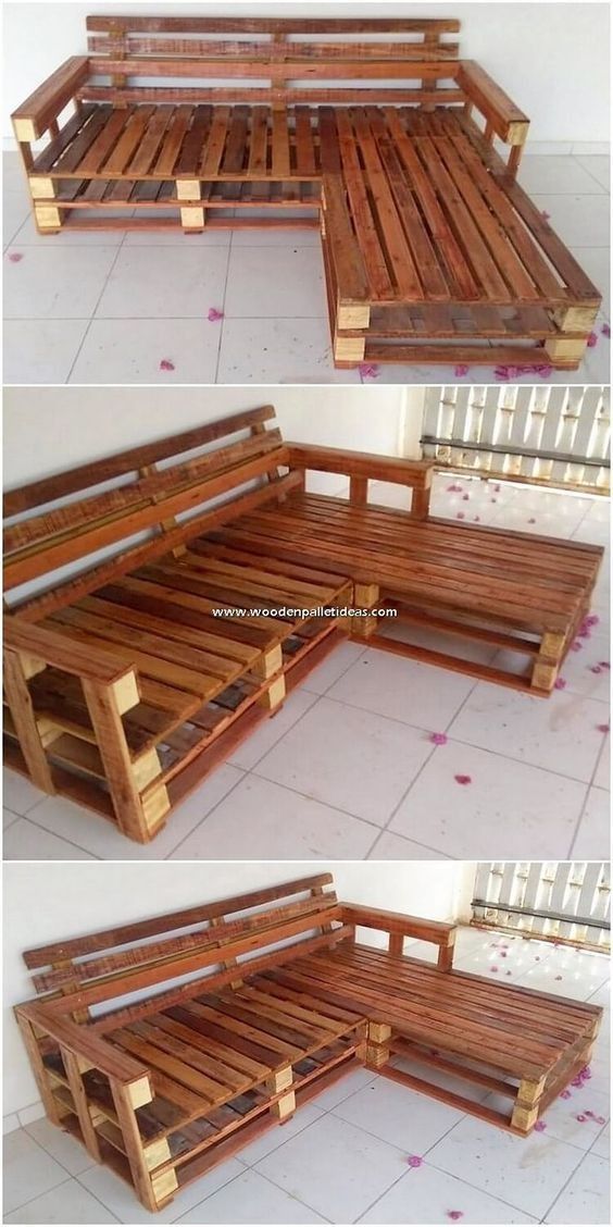 two pictures of wooden pallet furniture on the floor and one is made out of wood