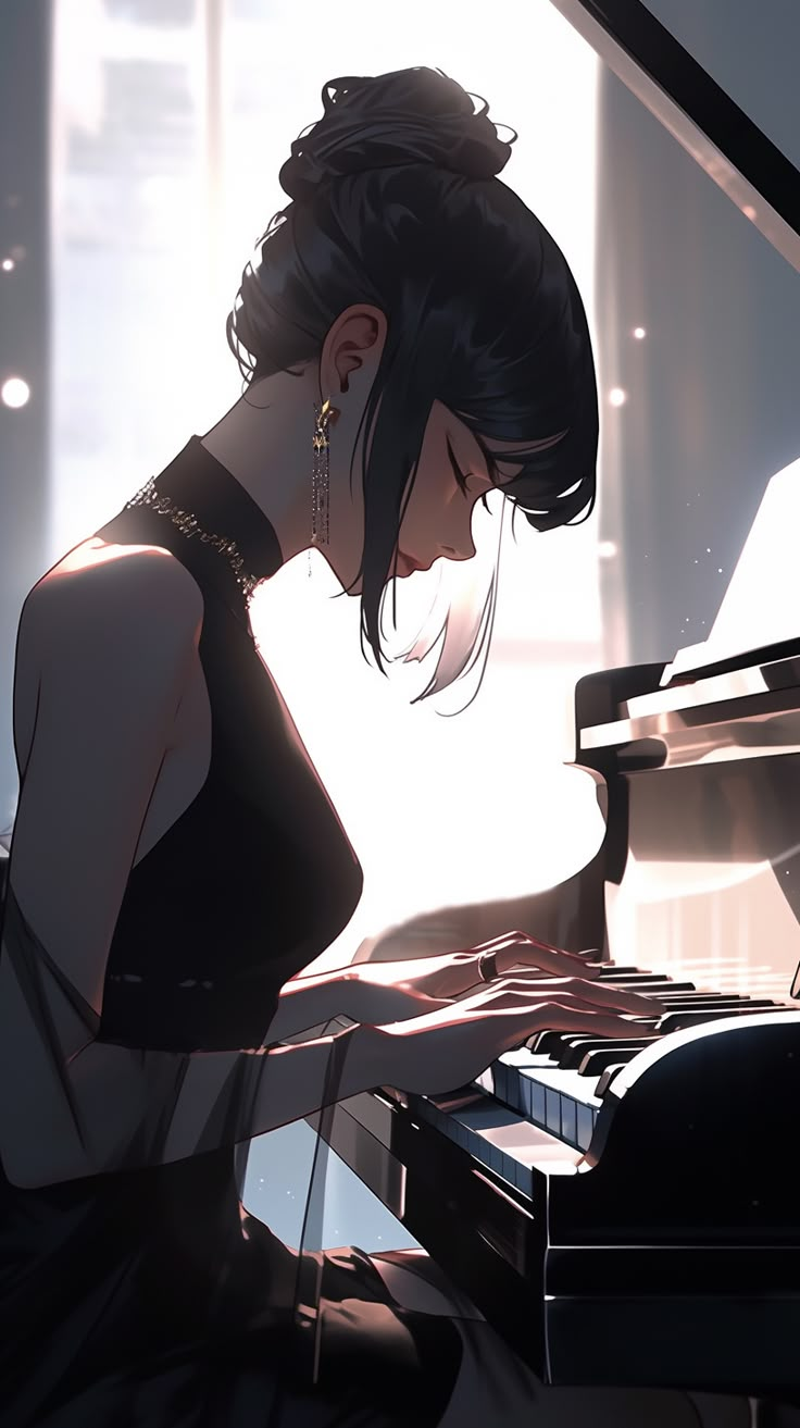 a woman sitting at a piano with her head resting on her hand and eyes closed