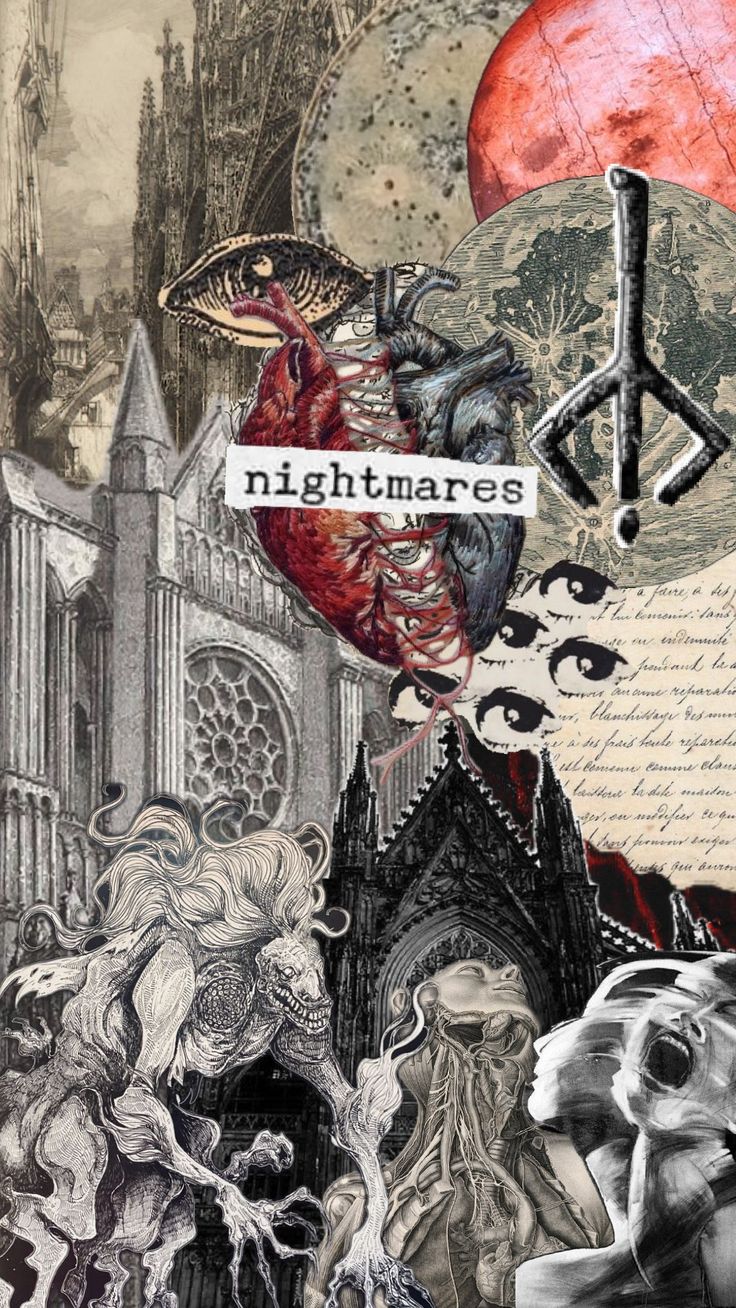 a collage of images with the words nightmares written on them and an image of a demon