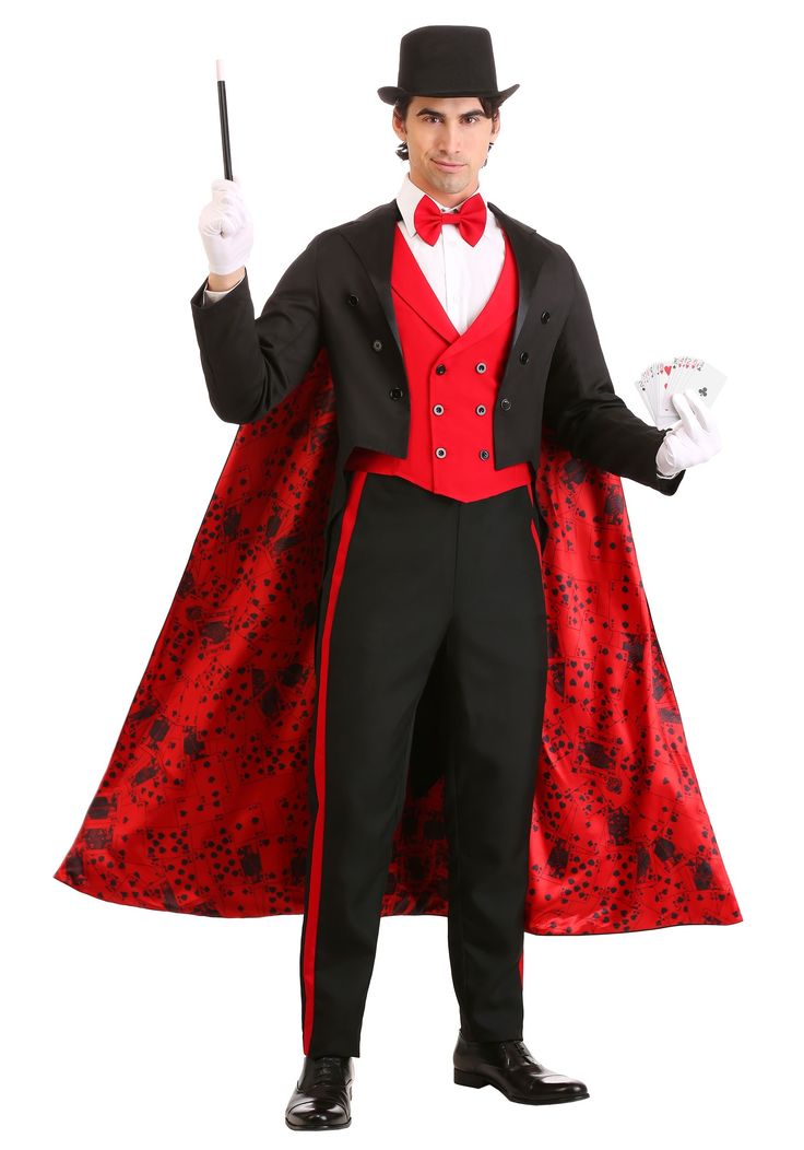 a man dressed in a red and black costume with a top hat, tailcoat, cape and cane