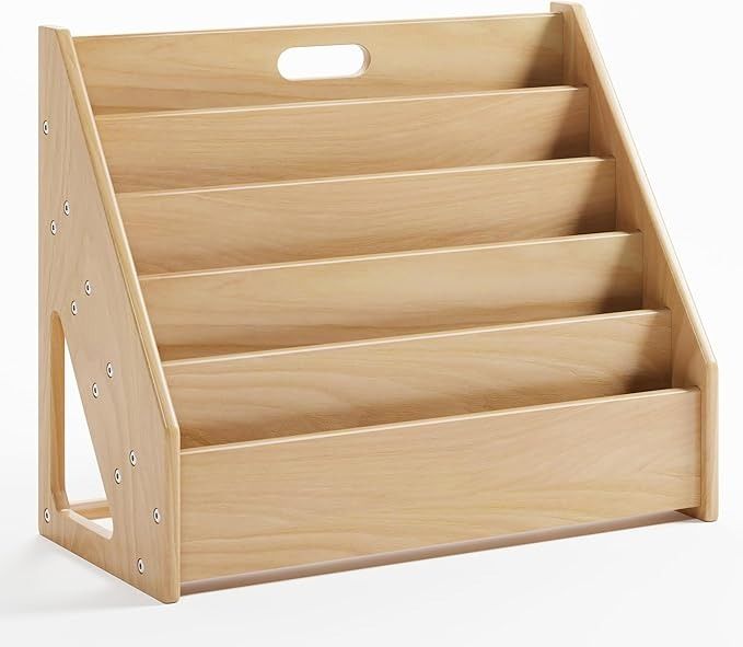 a wooden magazine rack with six compartments