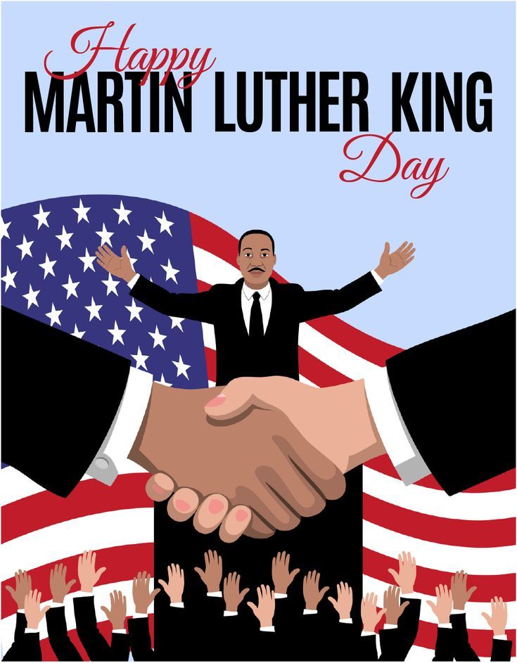 a man shaking another mans hand in front of an american flag and the words martin luther king day