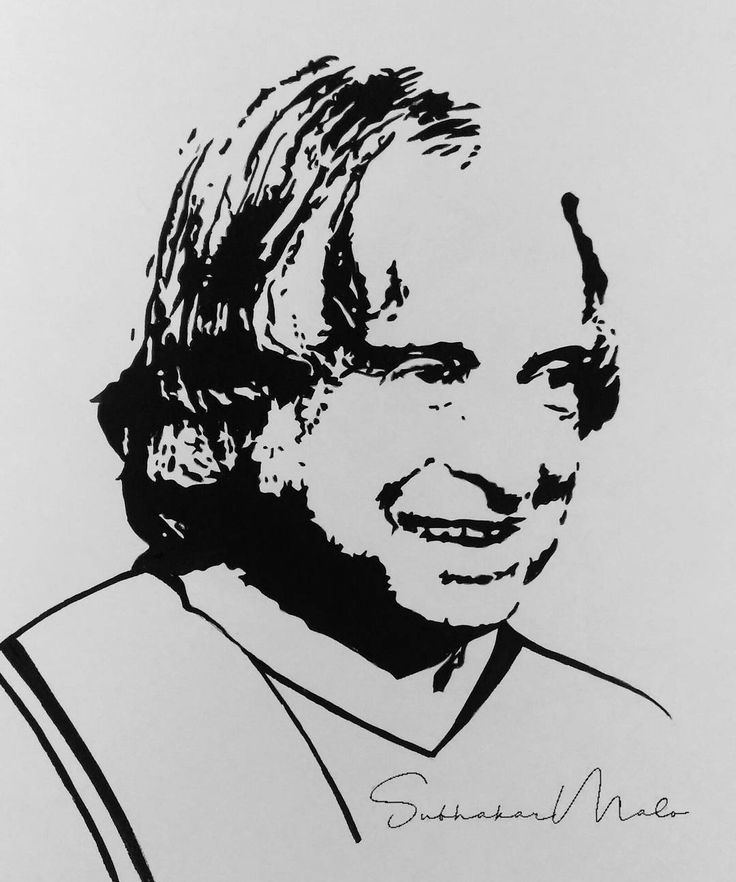 a black and white drawing of a smiling man