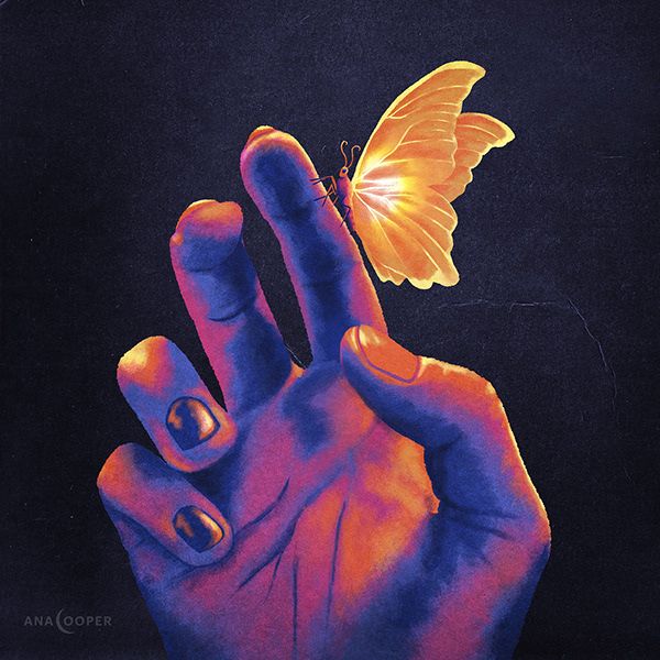 a painting of a hand holding a butterfly on it's finger with the fingers extended out