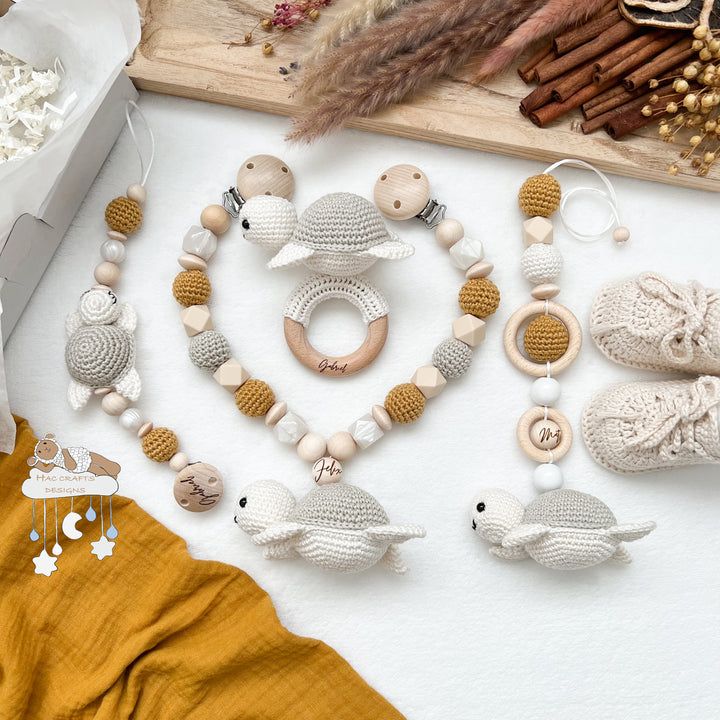 various wooden toys and accessories laid out on a table