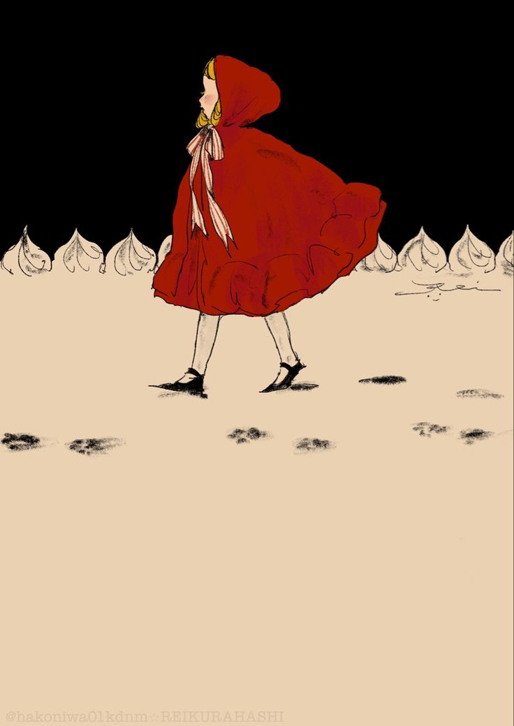 a drawing of a woman in a red dress walking across a field with snow on the ground