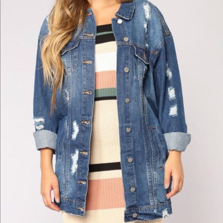 Fashion Nova New With Tags Oversized Denim Jacket. Distressed . Size Small Oversized Medium Wash Denim Jacket, Oversized Washed Outerwear For Day Out, Oversized Light Wash Denim Jacket For Spring, Medium Wash Denim Jacket For Day Out, Medium Wash Long Sleeve Denim Jacket For Day Out, Casual Distressed Oversized Outerwear, Oversized Medium Wash Denim Jacket For Day Out, Casual Ripped Denim Jacket For Fall, Oversized Distressed Denim Blue Outerwear