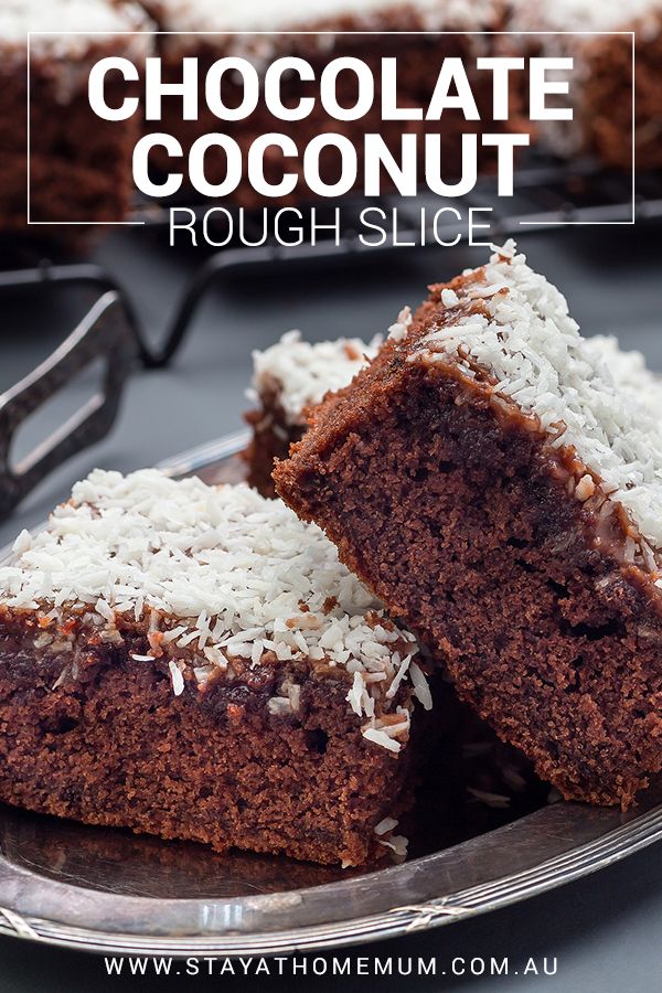 two pieces of chocolate coconut rough slice on a plate with the words, chocolate coconut rough slice