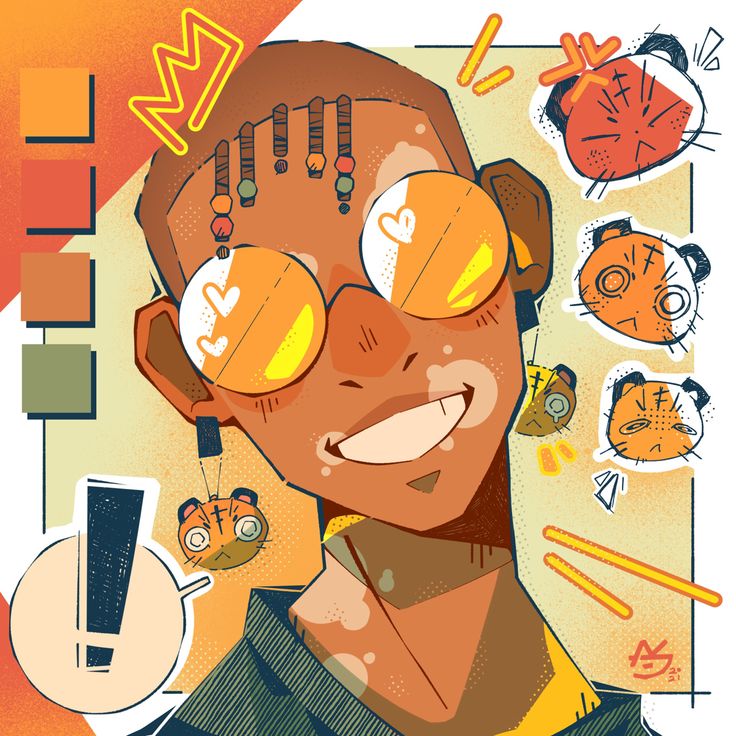 an illustration of a man with orange glasses on his face and other things around him