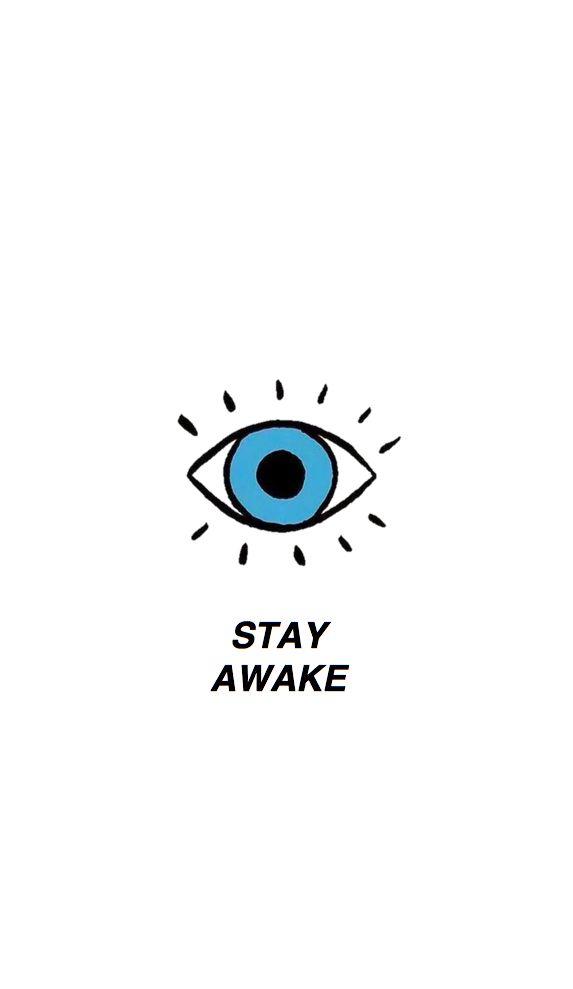 an eye with the words stay awake in black and blue lettering on it, against a white background