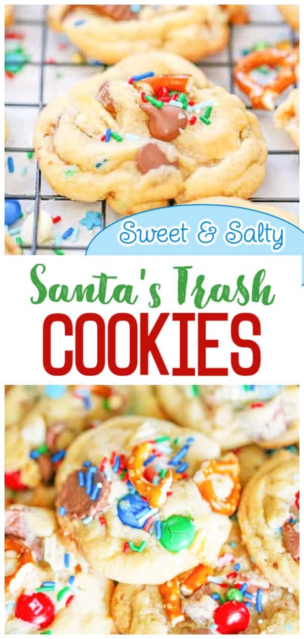 santa's trash cookies with the title overlay reading sweet & salty santa's trash cookies