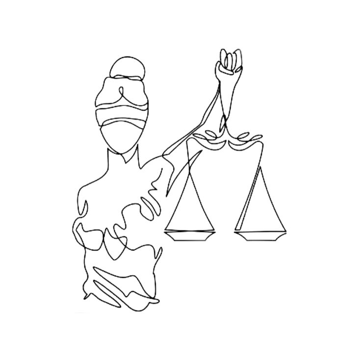 a line drawing of a person holding up a scale with the word justice on it