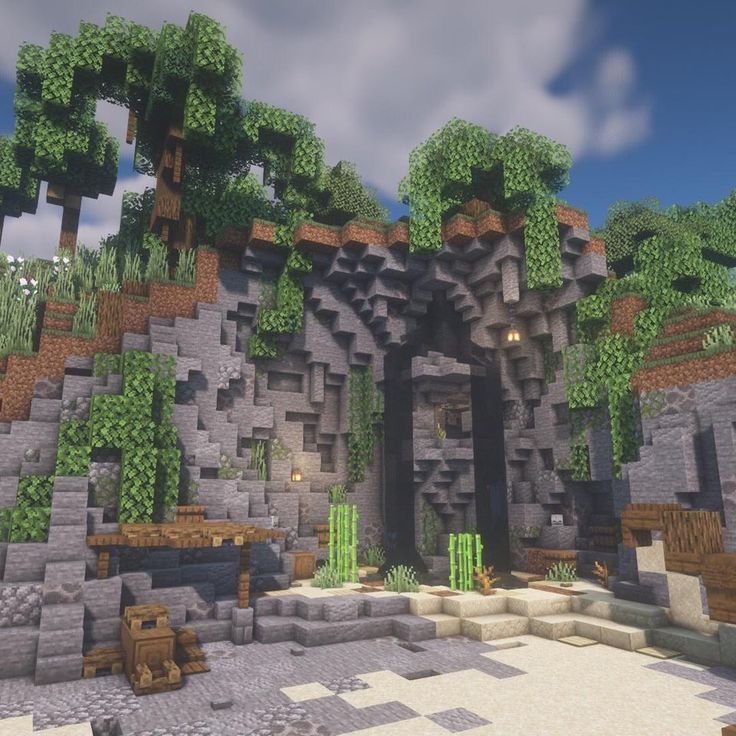 an image of a minecraft environment with trees and bushes on the walls, rocks and benches