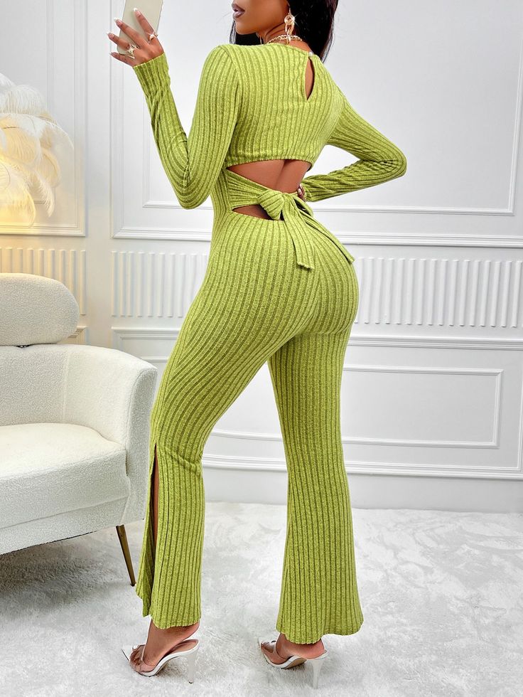 F00217104-104 Fitted Backless Jumpsuits And Rompers For Loungewear, Fitted Backless Jumpsuit For Loungewear, Green High-waist Stretch Jumpsuits And Rompers, Green Stretch High-waist Jumpsuits And Rompers, Green Stretch High Waist Jumpsuits And Rompers, Trendy Fitted V-neck Jumpsuits And Rompers, Green High Stretch Bodysuit For Party, Green Fitted Backless Bodysuit, Fitted Green Jumpsuit