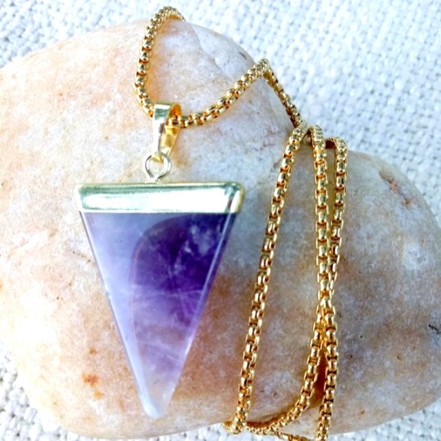 18k Gold Plated Natural Amethyst Triangle Pendant. Nice 24" Gold Plated 3mm Box Chain. Also Available In Silver Beautiful Gift Box Fast Shipping See More Beautiful Jewelry In My Account Listings* I Strive For Excellence In Customer Service And Satisfaction* Gold Plated Purple Jewelry For Gifts, Purple Gold Plated Jewelry Gift, Purple Gold-plated Jewelry Gift, Purple Gold Plated Jewelry For Gifts, Purple Gold-plated Necklace As A Gift, Purple Gold-plated Necklace For Gift, Spiritual Yellow Gold Amethyst Necklace, Purple Gold Plated Necklace For Gift, Gift Purple Gold Plated Necklace