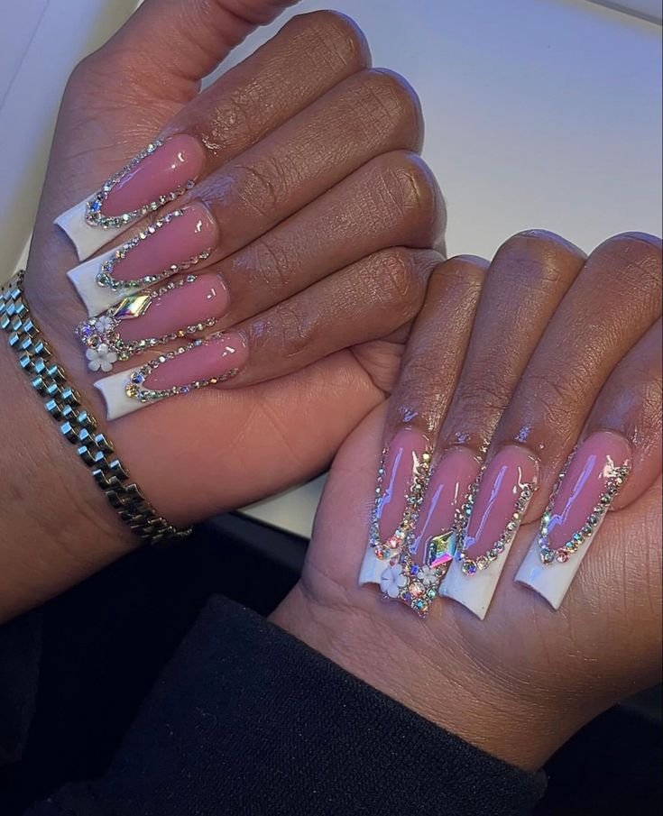 French Tip With Rhinestones Square, Bling French Nails, Blinged Out Nail Sets, Bling Placement On Nails, Long Nails With Gems, Short Blinged Out Nails, Junk Nails, Acrylic Toes, Acrylic Nail Set