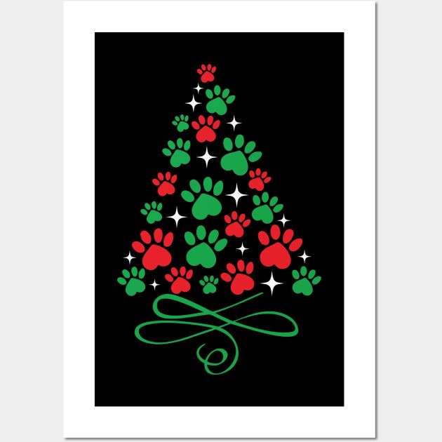 a christmas tree with paw prints and stars on it, in red green and black