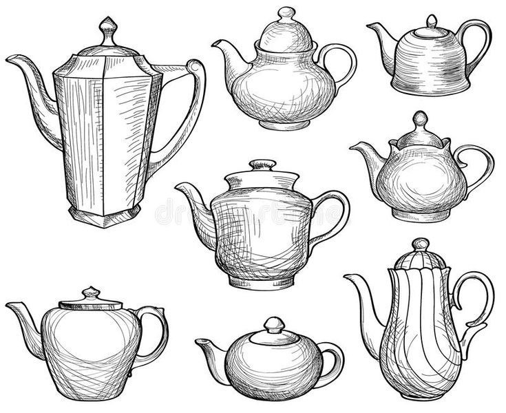 hand drawn teapots and kettles on white background stock photo - image 399786