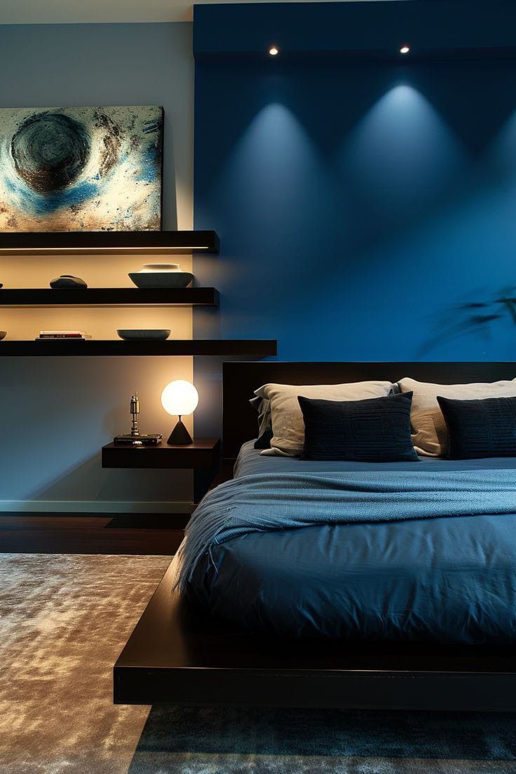 a bed with blue sheets and pillows in a room that has shelves on the wall