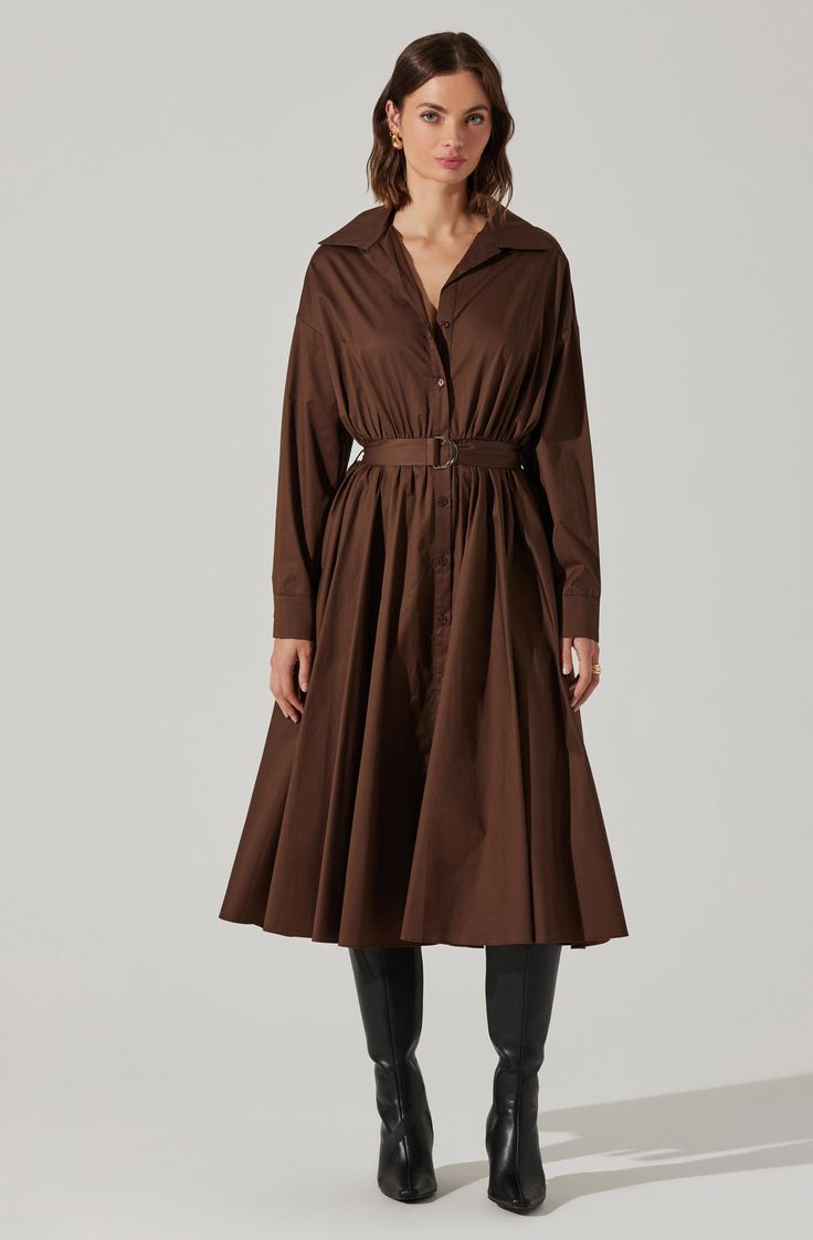 Belted cotton-poplin midi shirt dress Perfect for work to wherever Detachable belt, functional side pockets Dry clean only 100% Cotton Style #ACDR102464 Astr The Label, Brown Silk, Silk Midi Dress, Midi Shirt Dress, Spring Tops, Brown Dress, Cotton Style, S Models, Cotton Poplin