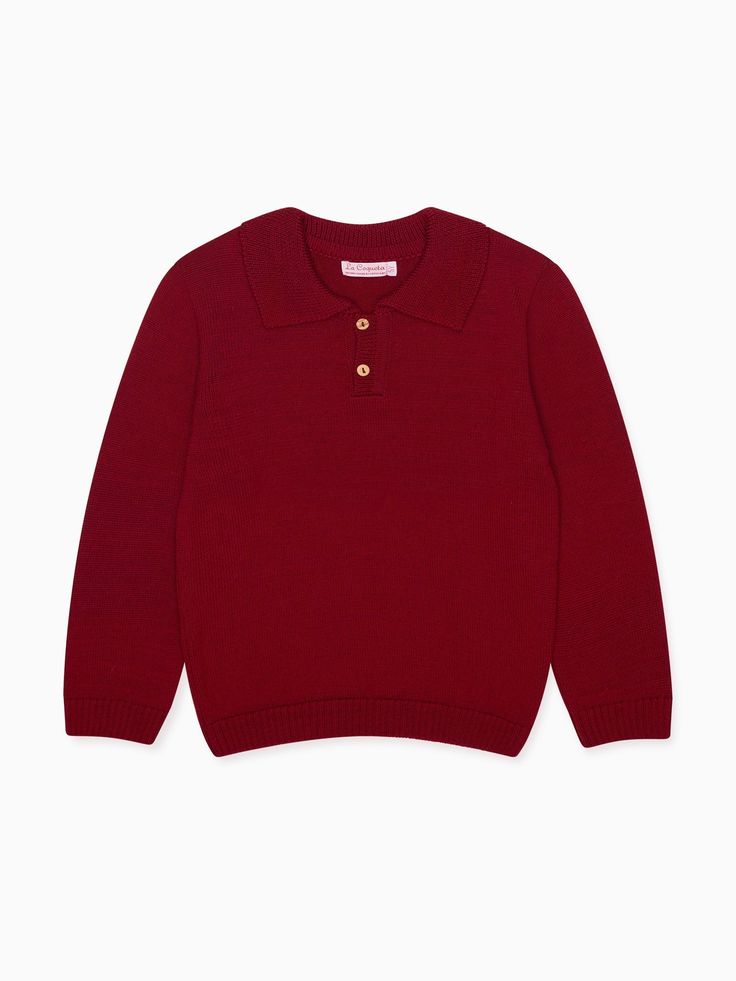 La Coqueta's Brio Merino Boy Jumper strikes the balance between effortless sophistication and versatility, drawing inspiration from classic polo shirts for a collegiate, preppy feel. It is knitted in Spain from pure Merino wool for the most luxuriously soft handle, rendered in a rich shade of burgundy red that is sufficiently elevated for weekend wear. It features a timeless, relaxed design finished with a knitted collar, ribbed hems and cuffs, a handcrafted wooden button placket, and intarsia e Boy Jumper, Knitted Collar, Shades Of Burgundy, Boys Sweaters, Socks And Sandals, The Balance, Clothes Crafts, Weekend Wear, Feel It