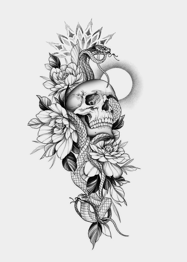 a black and white drawing of a skull with flowers on its head, in the shape of a snake